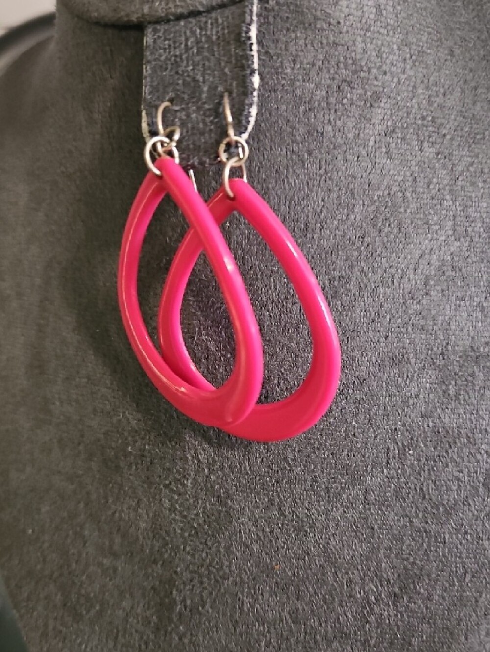 Bright Pink Teardrop Hoop Earrings - Women Jewelry - Picture 2 of 3